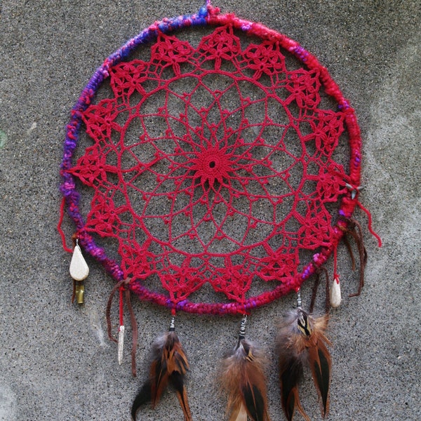 masticapute. handmade vintage lace doily dream catcher in rich raspberry