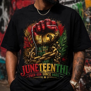 May include: Black t-shirt featuring a graphic of a clenched fist with a map of Africa, chains, and the text "Juneteenth Free-ish Since 1865" in red, green, and gold. The design has a distressed, vintage look.