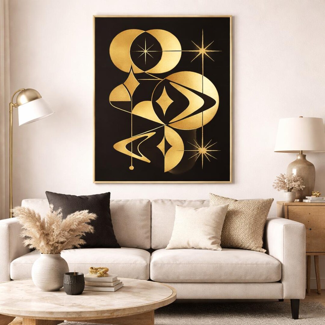Art Deco Geometric Print | Black Gold Abstract Mid Century Wall Art ...