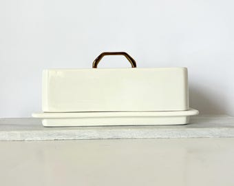 Porcelain White Butter Dish Gold Handle, Covered Butter Keeper with Lid