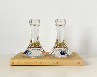 Vintage 24% Lead Crystal Candlesticks, Pair of Austrian Faceted Taper Holders (NOS)