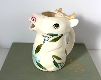 Vintage Cow Cream Pitcher, handmålad keramisk mjölkkanna, retro bondgårds- och lantlig köksinredning