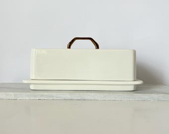 Porcelain White Butter Dish Gold Handle, Covered Butter Keeper with Lid