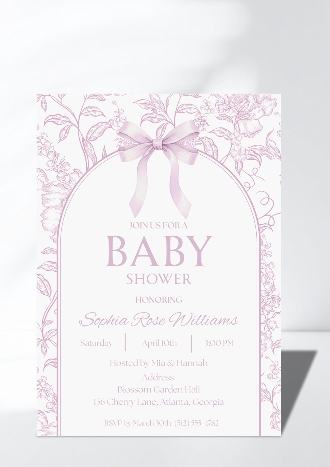 Pink Floral Baby Shower Invitation | Elegant Bow Canva Template (5x7 ...