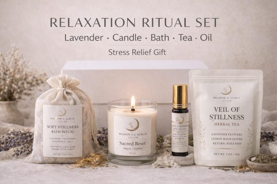 Sacred Reset Ritual Set | Lavender Candle, Herbal Tea, Bath Soak, Calming Oil