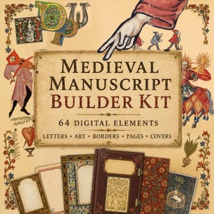 Può includere: Un kit digitale per la creazione di manoscritti medievali con 64 elementi tra cui lettere, arte, bordi, pagine e copertine. Il design presenta illustrazioni storiche di figure, un cavallo e cornici ornate su uno sfondo color pergamena.