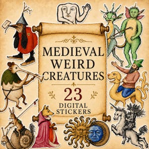 Puede incluir: Una colección de 23 pegatinas digitales con ilustraciones de estilo medieval de criaturas fantásticas, un sol y una luna. El pergamino central muestra el texto MEDIEVAL WEIRD CREATURES 23 DIGITAL STICKERS sobre un fondo de papel antiguo.