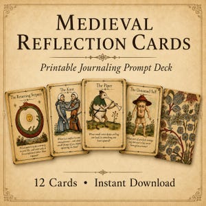 May include: A set of Medieval Reflection Cards featuring a printable journaling prompt deck. The cards display illustrations titled The Returning Serpent, The Knot, The Piper, and The Unnamed Self, with a floral patterned card back on a parchment background.