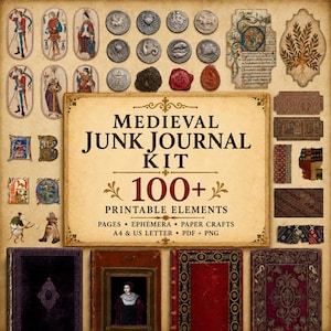 Könnte beinhalten: Ein digitales Junk-Journal-Set mit mittelalterlichen, druckbaren Elementen wie historischen Figuren, Tierkreiszeichen-Münzen, Wachssiegeln, Manuskriptfragmenten und Buchcovern. Der zentrale Text lautet: MEDIEVAL JUNK JOURNAL KIT 100+ PRINTABLE ELEMENTS.