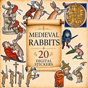 Puede incluir: Una colección de 20 pegatinas digitales con ilustraciones de estilo medieval de conejos en varias escenas, incluyendo combate y actividades musicales, centradas alrededor de un pergamino con el texto MEDIEVAL RABBITS 20 DIGITAL STICKERS.