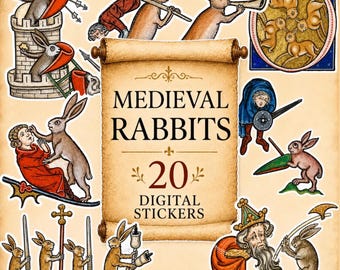 Medieval Rabbit Stickers PNG, 20 Funny Bunny Digital Stickers, Medieval Animal Clipart, GoodNotes Planner Stickers