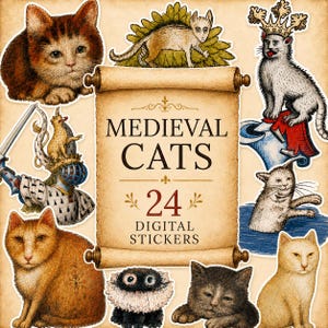 Middeleeuwse kattenstickers PNG, 24 gotische manuscriptclipart (digitale download)