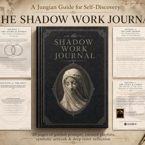 Könnte beinhalten: Ein dunkles Journal mit dem Titel "The Shadow Work Journal" mit einem Porträt einer verschleierten Figur. Das Journal ist von Seiten mit Text und Illustrationen umgeben. Der Text oben lautet "A Jungian Guide for Self-Discovery". Der Text unten lautet "30 Seiten mit geführten Prompts, kuratierten Playlists, symbolischen Kunstwerken und tiefer innerer Reflexion."