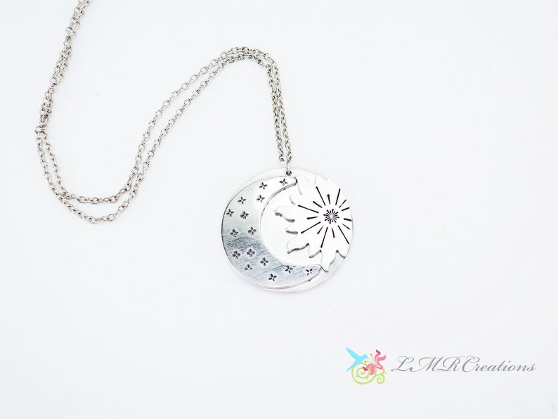 Celestial Jewelry Stamped Metal Hand Stamped Astronomy Pendant Sun Moon and Stars Necklace