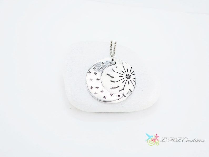 Celestial Jewelry Stamped Metal Hand Stamped Astronomy Pendant Sun Moon and Stars Necklace