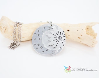 Celestial Jewelry Stamped Metal Hand Stamped Astronomy Pendant Sun Moon and Stars Necklace