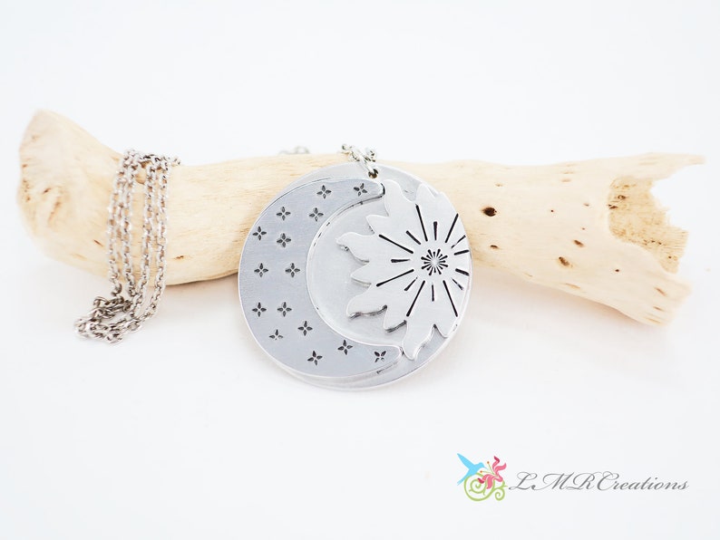 Celestial Jewelry Stamped Metal Hand Stamped Astronomy Pendant Sun Moon and Stars Necklace