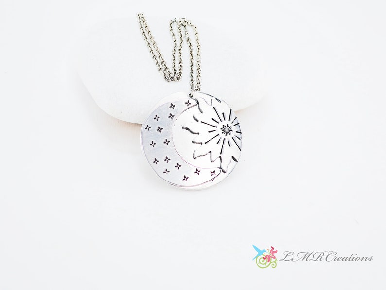 Celestial Jewelry Stamped Metal Hand Stamped Astronomy Pendant Sun Moon and Stars Necklace