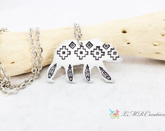 Southwestern Bear Shape Necklace, Western Bear Pendant, Hammered Metal Aztec Design, Bear Totem Aluminum Jewelry