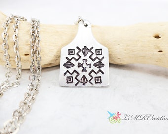 Southwestern Cow Tag Necklace, Aztec Cattle Tag Pendant, Western Necklace For Women, Unique Cow Ear Tag Jewelry Silver