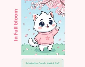 Kawaii Katze Sakura Karte zum ausdrucken, Kirschblüte Grußkarte, süße Katze Frühlingskarte, digitaler Download Katzenliebhabergeschenk