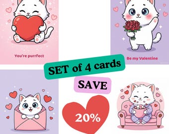 Kawaii Katzen-Valentinstagskarten 4er-Set, süßes Tier-Grußkarten-Bundle, rosa ästhetisches Valentinstags-Briefpapier, Valentinstagsgeschenk für Sie