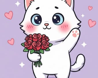 Katze mit Rosen Valentine Card Printable, Kawaii Kätzchen Bouquet, Be My Valentine Card, Digital Download 5 x 7, Cute Cat Lover Valentine