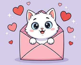 Katze im Umschlag Valentine Card druckbare, Kawaii Kätzchen Liebesbrief, senden Sie Liebeskarte, digitaler Download 5 x 7, nettes Valentinsgeschenk
