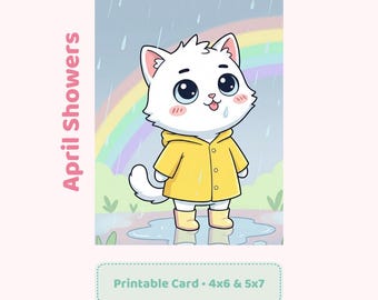 Kawaii Katzenregen Karte zum ausdrucken, April Regenschauer Grußkarte, süße Katze Regenbogen Karte, digitaler Download Frühlingskarte