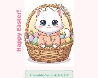 Ostern Korb Katze Karte druckbare, Kawaii Ostern Grußkarte Sofortdownload, süße Katzenkarte 10 x 15