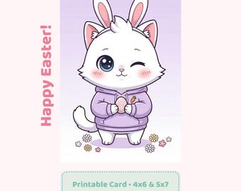 Osterhase Katze Karte druckbare, Kawaii Katze Bunny Ohren Grußkarte, Instant Download 4 x 6 5 x 7