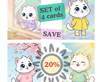 Kawaii Katze Frühling Kartenset druckbare, Set mit 4 Frühlingskarten, süße Katze Digital Download Bundle, Frühlingsgeschenk Katzenliebhaber