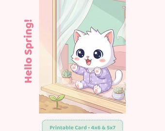 Kawaii Katze Frühling Karte zum ausdrucken, Hallo Frühling Grußkarte, süße Katze digitaler Download, Frühlingsgeschenk für Katzenliebhaber