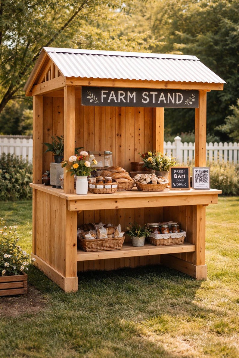 Puede incluir: Un puesto de granja de madera con techo de metal corrugado, que exhibe diversos productos horneados, mermeladas y flores. El letrero dice "FARM STAND". Cestas y frascos est&aacute;n dispuestos en estantes, con un fondo de hierba y una valla blanca.