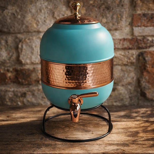 Pure Copper Water Dispenser – Half Hammered Turquoise Finish with Stand 5L-16L