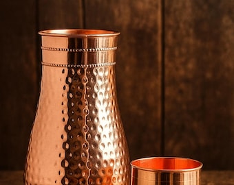 Handcrafted Copper Hammered Bedroom Bottle with Glass 950ml