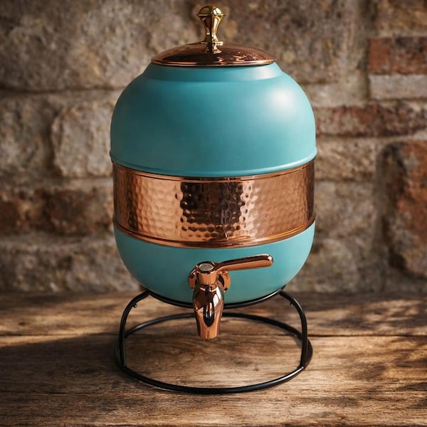 Pure Copper Water Dispenser – Half Hammered Turquoise Finish with Stand 5L-16L