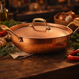 Può includere: Una pentola di rame martellato con coperchio abbinato e manici dorati. Erbe fresche, aglio e pomodori circondano la pentola, suggerendo un tema culinario.