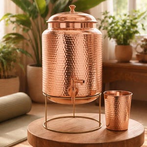 Handcrafted 5L Pure Copper Water Pot with Brass Stand & Glass
