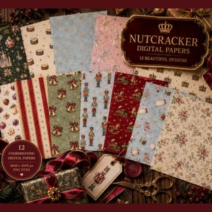 Puede incluir: Un conjunto de 12 papeles digitales con patrones temáticos de cascanueces, incluyendo soldados, campanas, trenes y motivos florales en rojo, verde, azul y crema. Una etiqueta roja oscura muestra el texto dorado NUTCRACKER DIGITAL PAPERS.