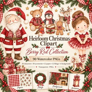 Puede incluir: Una colección digital de imágenes prediseñadas navideñas en acuarela que incluye a Santa Claus, un oso de peluche, un pingüino, un reno, un hombre de jengibre, una niña con vestido rojo, un caballo mecedora y un tren, con el texto Heirloom Christmas Clipart.