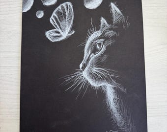 Dessin original d'un chat sur papier noir