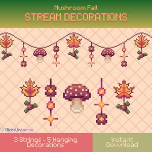 Pixel Fall Mushroom Theme String Decorations, Cozy Stream Overlay, Vtuber Decorations (Digital Download)