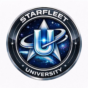 May include: A circular emblem with the words "STARFLEET UNIVERSITY" in white text. The emblem features a stylized "U" shape with a star and a space-themed background in shades of blue and silver.