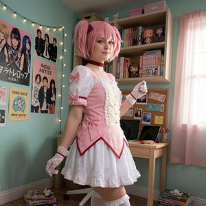 Może przedstawiać: Różowy i biały strój cosplay z pasującą peruką i rękawiczkami. Sukienka ma falbaniastą spódnicę, kokardy i czerwone wykończenia. Tło obejmuje plakaty, półkę na książki i biurko.