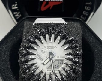 New Custom Casio G-Shock Iced Out Black Moissanite Claw Bezel White Strap Panda Style