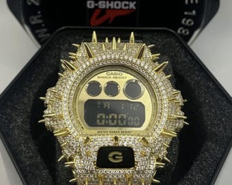New Custom G-Shock Iced Out Moissanite Gold Spike Black Strap Watch