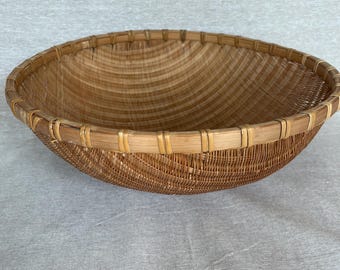 Vintage Woven Winnowing Basket, Round Bamboo Rattan Bowl, Boho Farmhouse Wall Decor, Rustic Coiled Basket Tray, Handwoven Threshing Basket