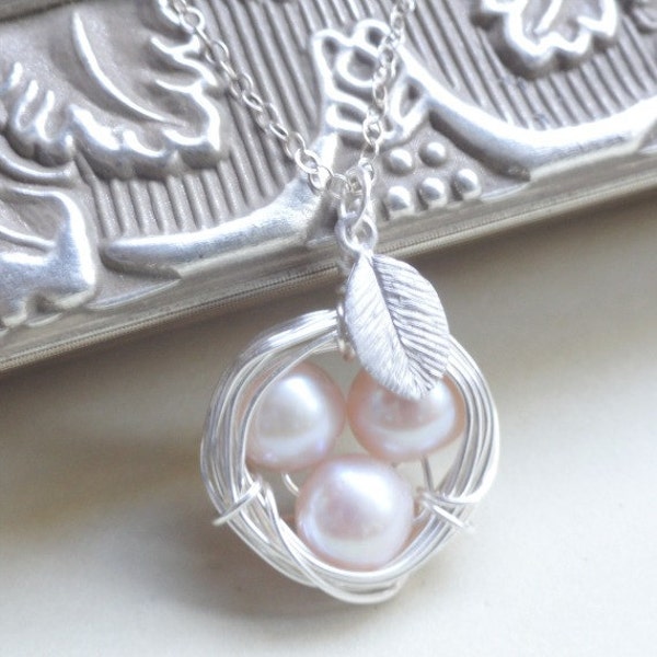 Bird nest necklace. STERLING SILVER, creamy mauve, ivory pearls, wire wrapped nest, leaf charm, fall jewelry, elegant bird jewelry.