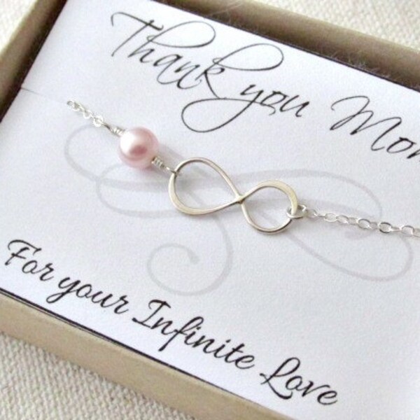 Mother of the bride bracelet, mothers jewelry, gift card, Thank you mom infinity bracelet, eternity bracelet, white pearl, everyday, classic
